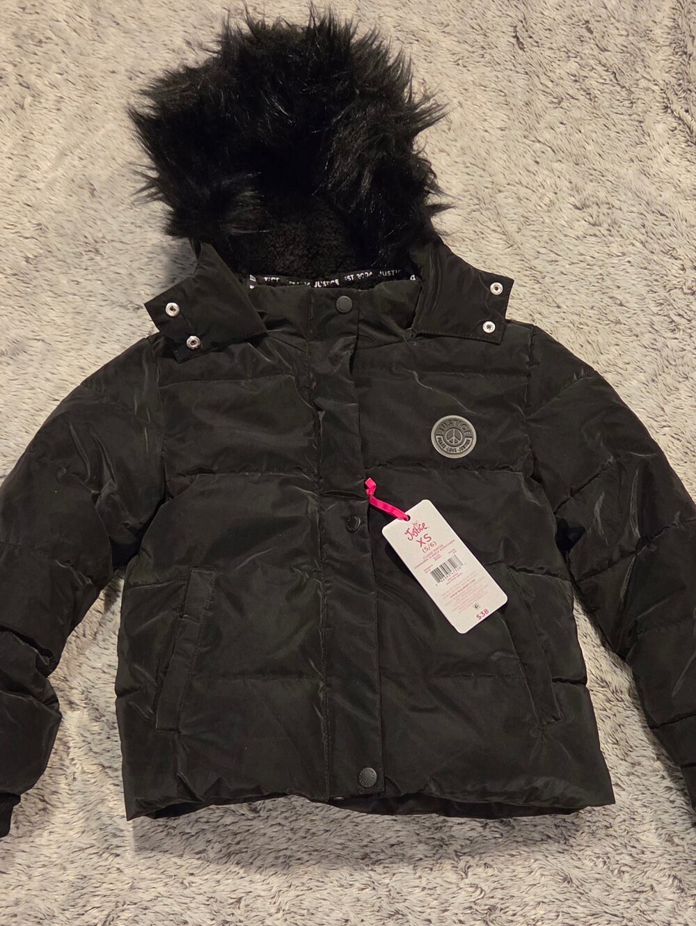 Girls Justice Black Puffer Jacket with Faux Fur Hood Sz 5/6 NWT